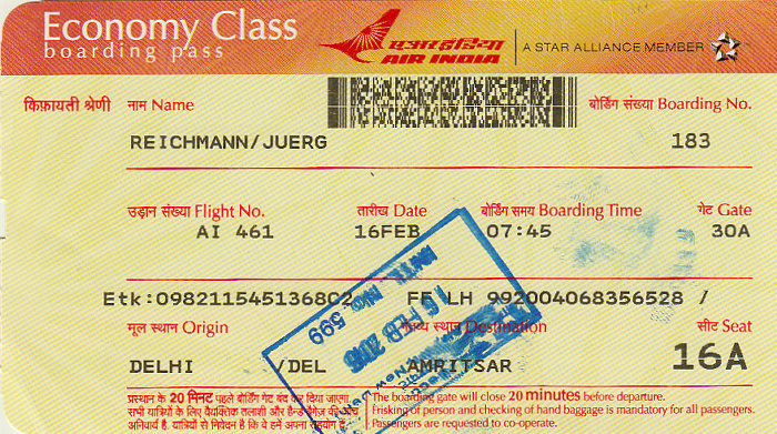 Bordkarte Flug Delhi - Amritsar (Air India)