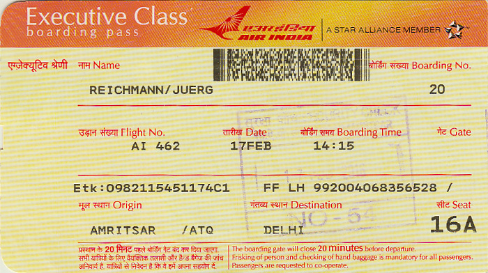 Bordkarte Flug Amritsar - Delhi (Air India)