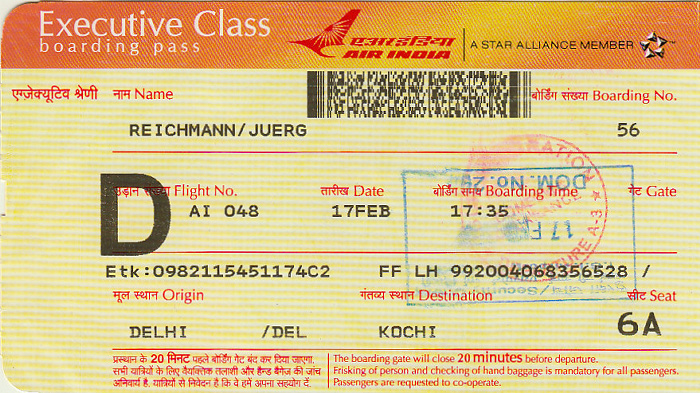 Bordkarte Flug Delhi - Kochi (Air India)