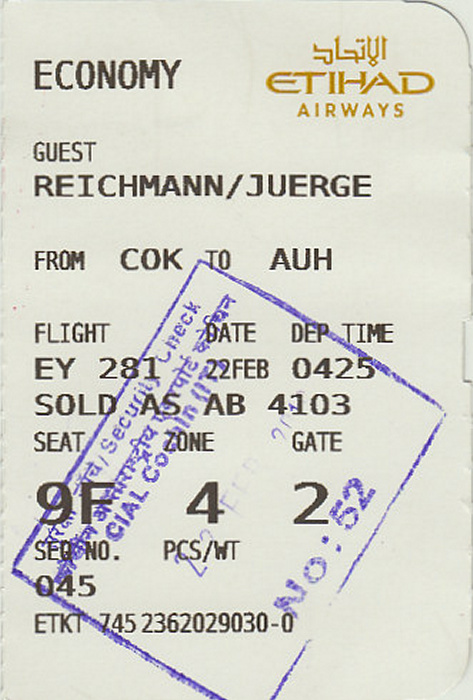 Bordkarte Flug Kochi - Abu Dhabi (Etihad Airways)