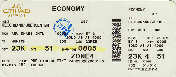 Kochi Bordkarte Flug Abu Dhabi - München (Etihad Airways)