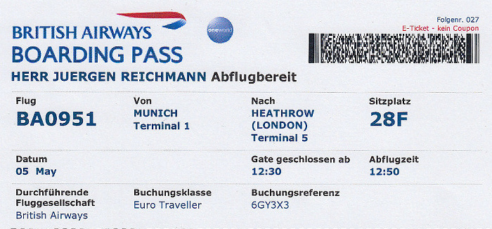 Bordkarte Flug München - London-Heathrow (British Airways)