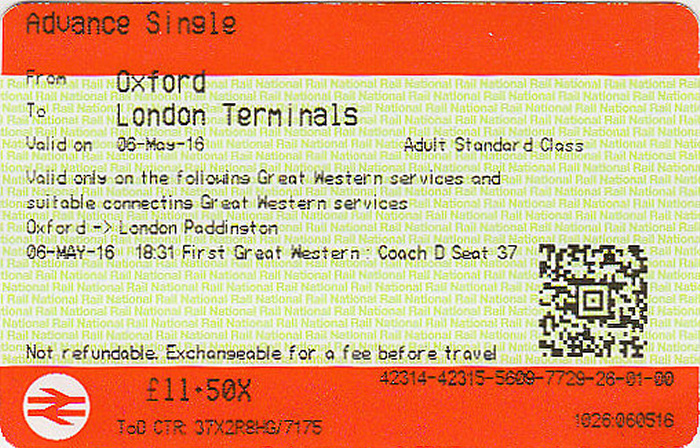 Bahnfahrkarte Oxford - London-Paddington
