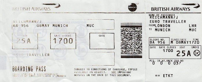 Bordkarte Flug London-Heathrow - München