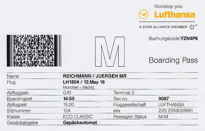 Bordkarte Flug München - Madrid (Lufthansa)