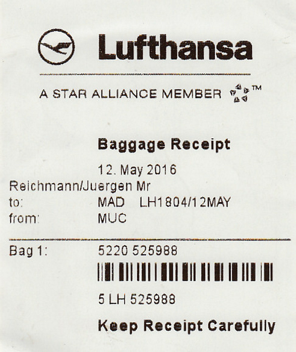 Gepäckschein Flug München - Madrid (Lufthansa)