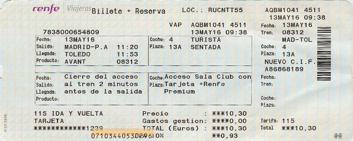 Bahnfahrkarte Madrid-Puerta de Atocha - Toledo