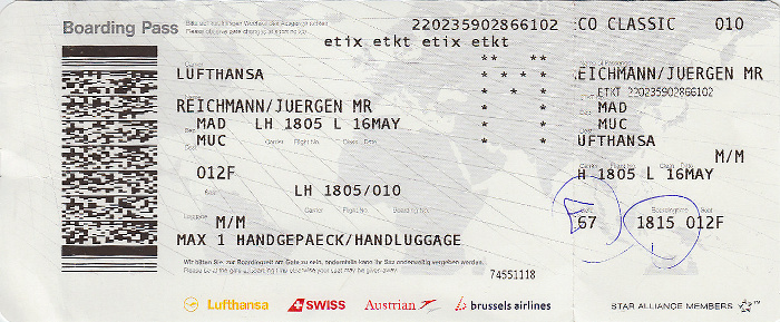Bordkarte Flug Madrid - München (Lufthansa)