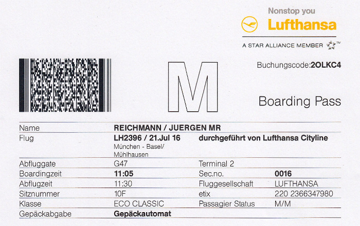 Bordkarte Flug München - Basel-Mülhausen (Lufthansa)