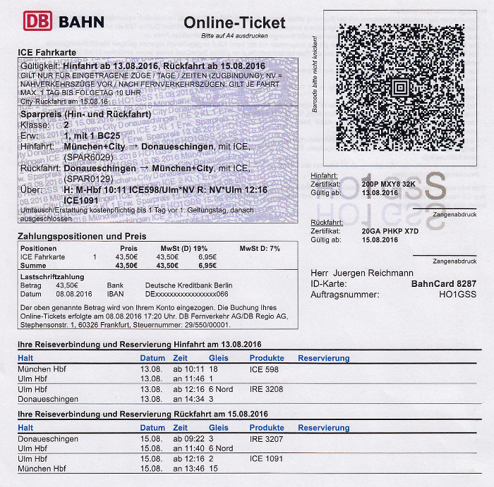 Bahnfahrkarte München - Ulm - Donaueschingen 13.8. / Donaueschingen - Ulm - München 15.8.