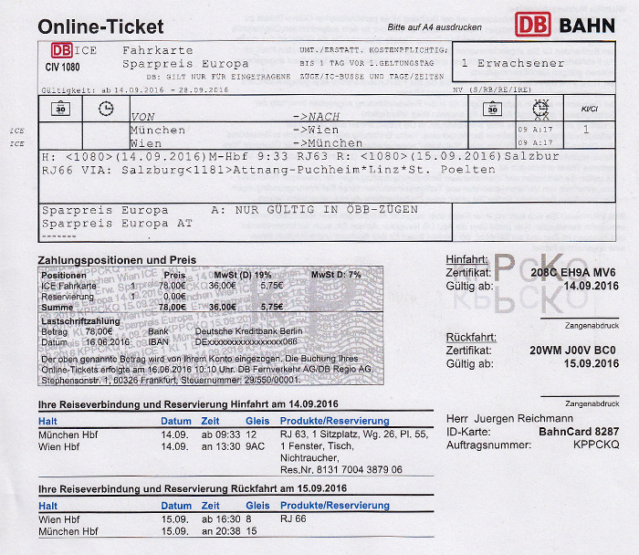 Bahnfahrkarte München - Wien 14.9. / Wien - München 15.9.