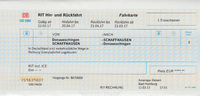 Bahnfahrkarte Geisingen - Tuttlingen - Schaffhausen 23.3. / Schaffhausen - Tuttlingen - Geisingen 26.3.