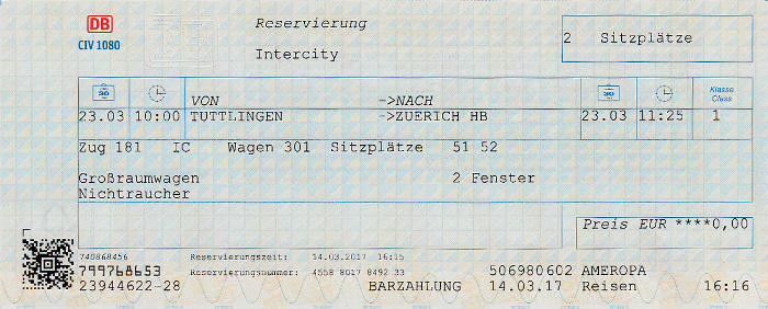 Platzreservierung Fahrt Tuttlingen - Zürich