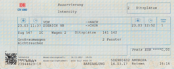 Platzkarte Fahrt Zürich - Chur