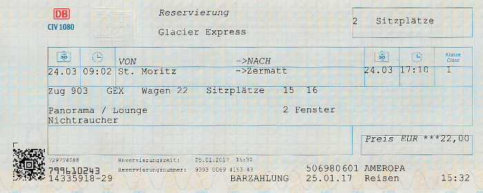 Platzkarte Fahrt St. Moritz - Zermatt (Glacier Express)