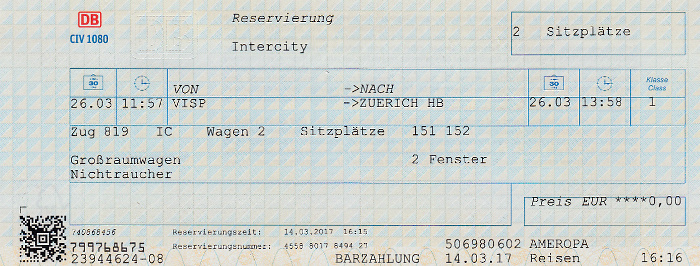 Platzkarte Fahrt Visp - Zürich