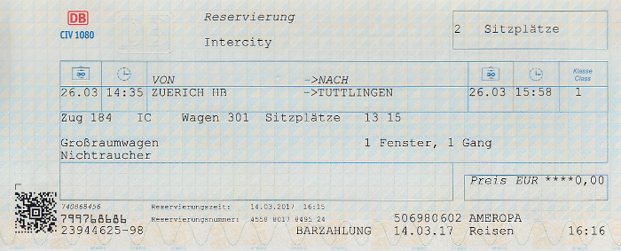 Platzkarte Fahrt Zürich - Tuttlingen