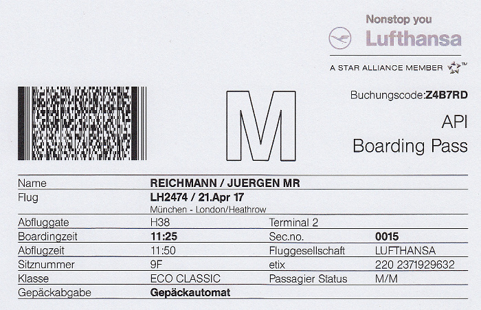 Bordkarte Flug München - London-Heathrow (Lufthansa)