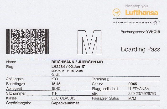 Bordkarte Flug München - Paris-CDG (Lufthansa)