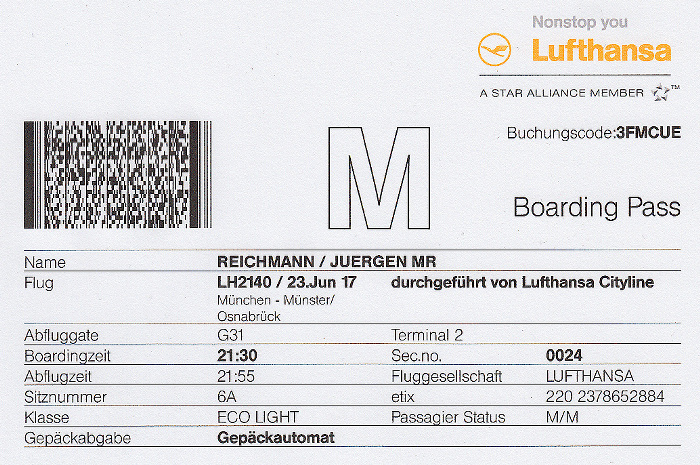 Bordkarte Flug München - Münster/Osnabrück (Lufthansa)