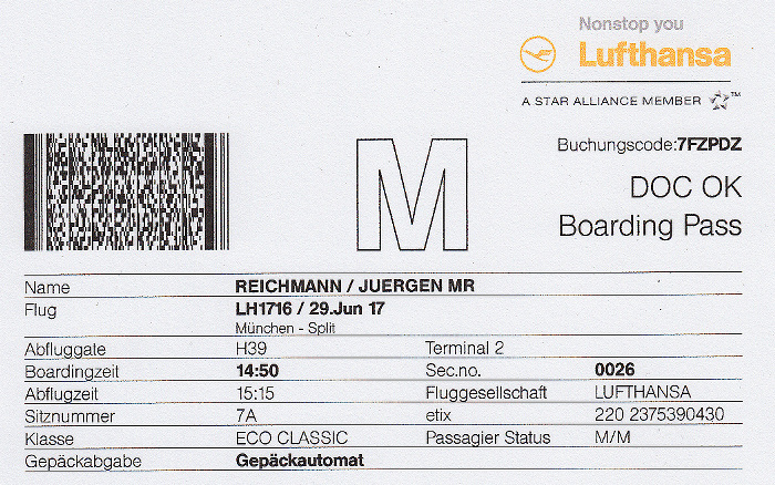 Bordkarte Flug München - Split (Lufthansa)