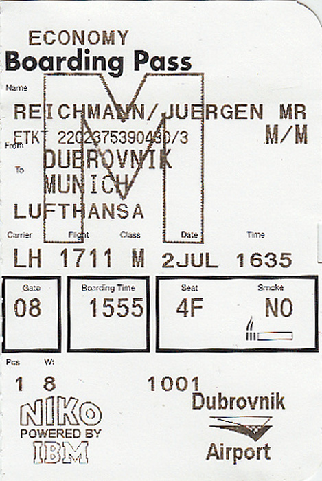 Bordkarte Flug Dubrovnik - München (Lufthansa)