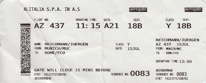 Bordkarte Flug München - Rom-Fiumicino (Alitalia)