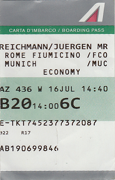 Bordkarte Flug Rom-Fiumicino - München (Alitalia)