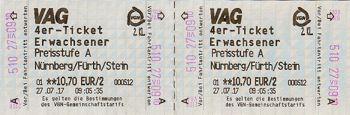 Nürnberg VAG 4er-Ticket Erwachsene Preisstufe A
