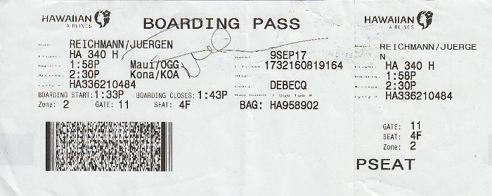 Bordkarte Flug Kahului - Kailua-Kona (Hawaiian Airlines)