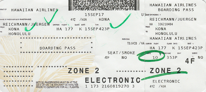Bordkarte Flug Kailua-Kona - Honolulu (Hawaiian Airlines)