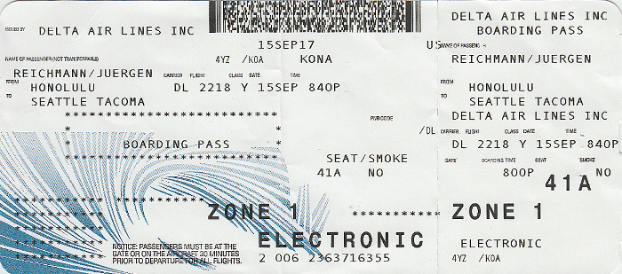 Bordkarte Flug Honolulu - Seattle 15./16.9. (Delta)