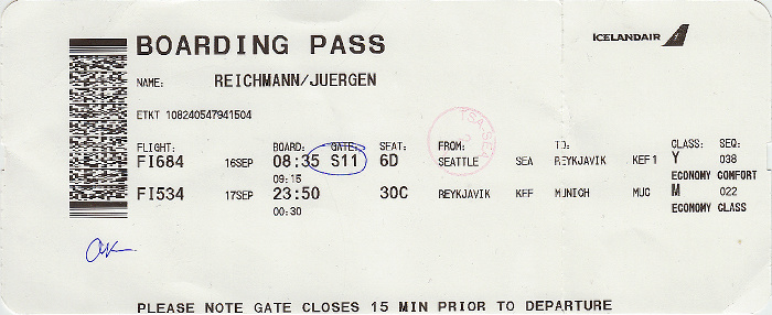 SeaTac Bordkarte Flug Seattle - Keflavik (Reykjavik) 16.9. / Keflavik (Reykjavik) - München 17.9. (Icelandair)