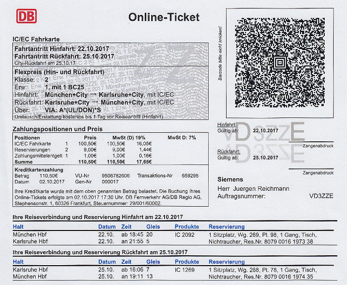 Bahnfahrkarte München - Karlsruhe 22.10. / Karlsruhe - München 25.10.