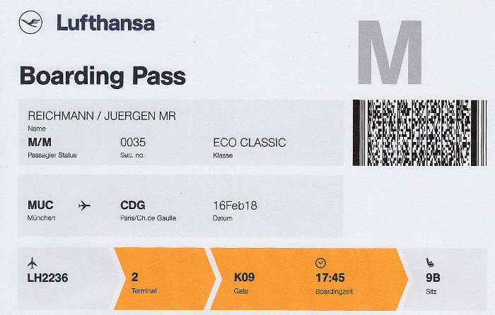 Bordkarte Flug München - Paris-CDG (Lufthansa)