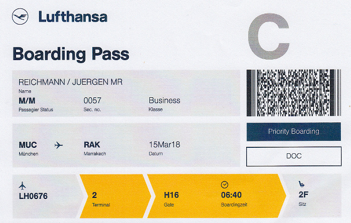 Bordkarte Flug München - Marrakesch (Lufthansa)