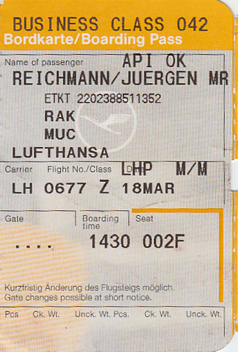 Bordkarte Flug Marrakesch - München (Lufthansa)