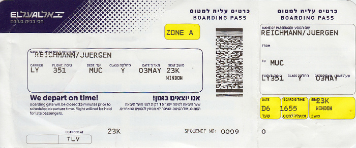 Bordkarte Flug Tel Aviv - München (El Al)