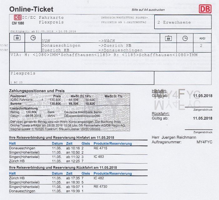 Bahnfahrkarte Donaueschingen - Singen - Zürich / Zürich - Singen - Donaueschingen