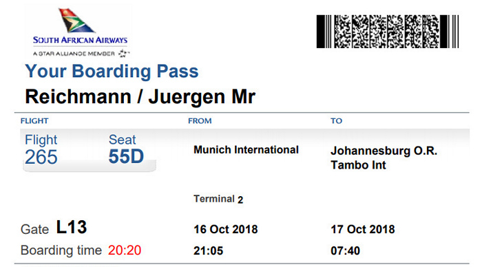 Bordkarte Flug München - Johannesburg (South African Airways) 16./17.10.
