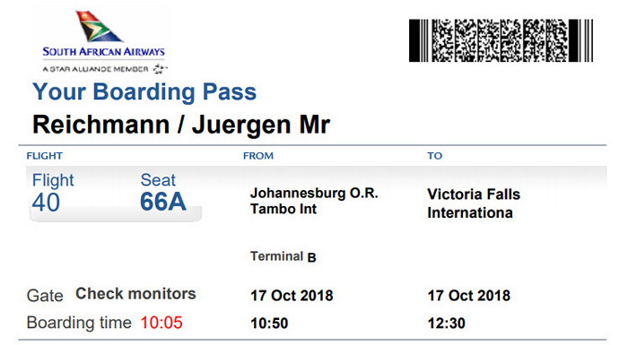Bordkarte Flug Johannesburg - Victoria Falls (South African Airways)