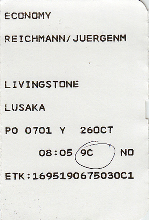 Bordkarte Flug Livingstone - Lusaka (Proflight Zambia)