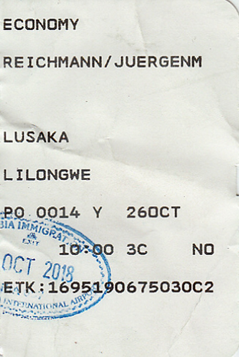Bordkarte Flug Lusaka - Lilongwe (Proflight Zambia)