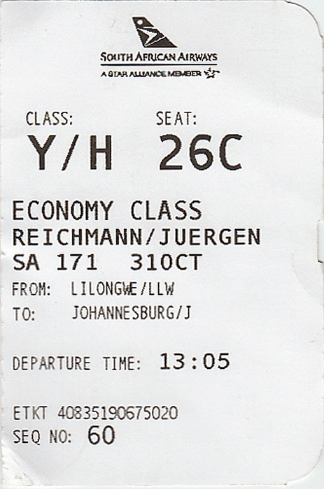 Bordkarte Flug Lilongwe - Johannesburg (South African Airways)