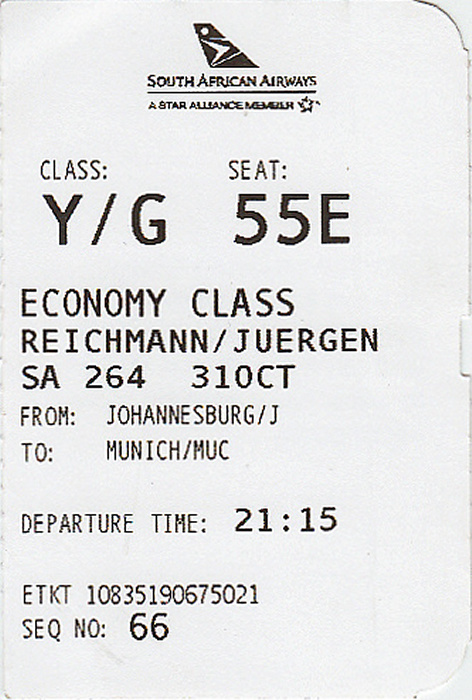 Bordkarte Flug Johannesburg - München 31.10./1.11. (South African Airways)