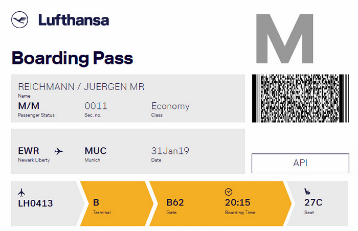 Bordkarte Flug Newark (- Dublin) - München (Lufthansa)