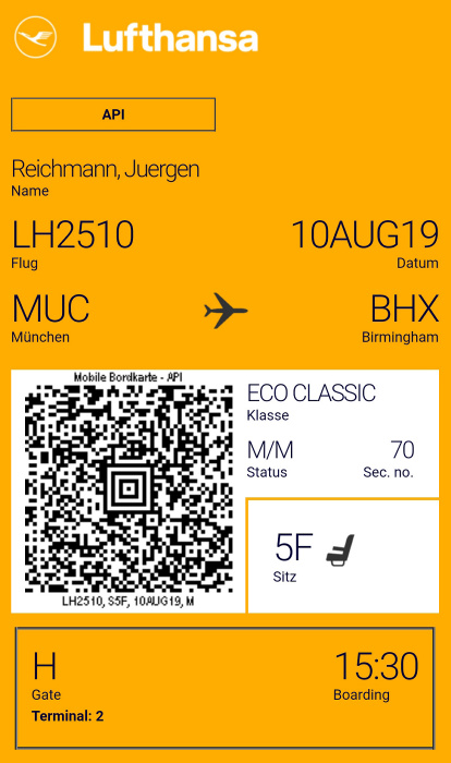 Bordkarte Flug München - Birmingham (Lufthansa)