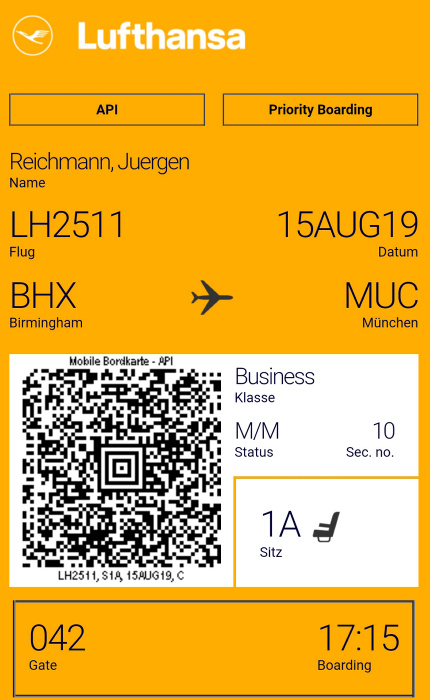 Bordkarte Flug Birmingham - München (Lufthansa)