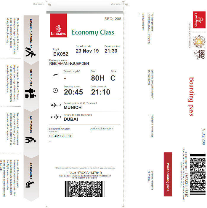 Bordkarte Flug München - Dubai 23./24.11. (Emirates)