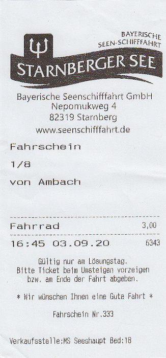 Fahrschein (Fahrrad) Schiff Ambach - Starnberg